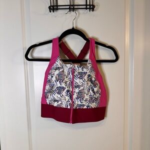 Coolibar UPF 50+ Medley Zip-Up Swim Bra / Crop Top - Pink Floral - Size L